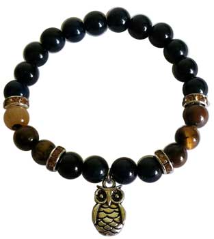 8mm Blue & Yellow Tiger Eye with Owl - Click Image to Close
