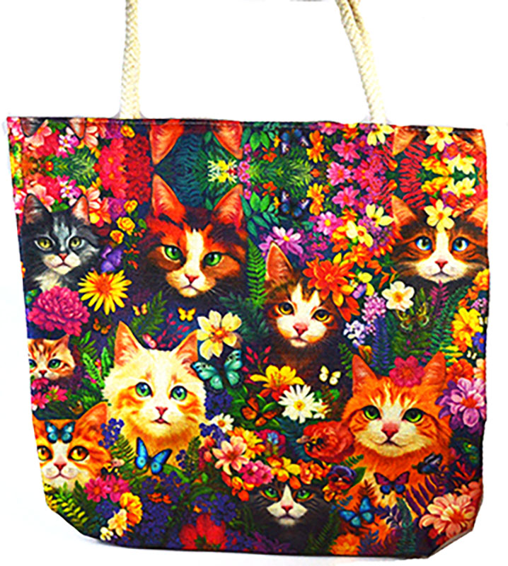 17" x 17" Cat/ Flowers tote bag