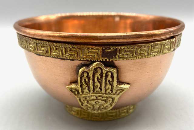 3" copper Fatima Hand offering bowl - Click Image to Close